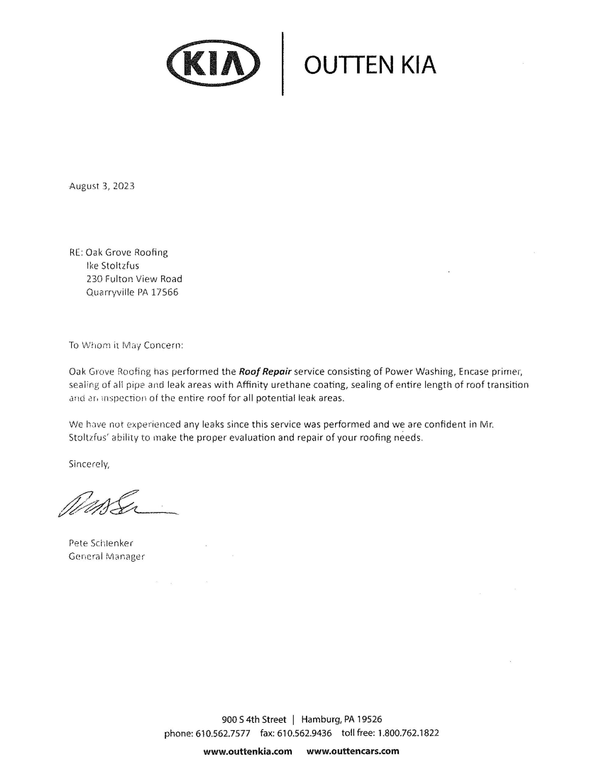 Oak Grove Roofing Review Letter Outten Kia