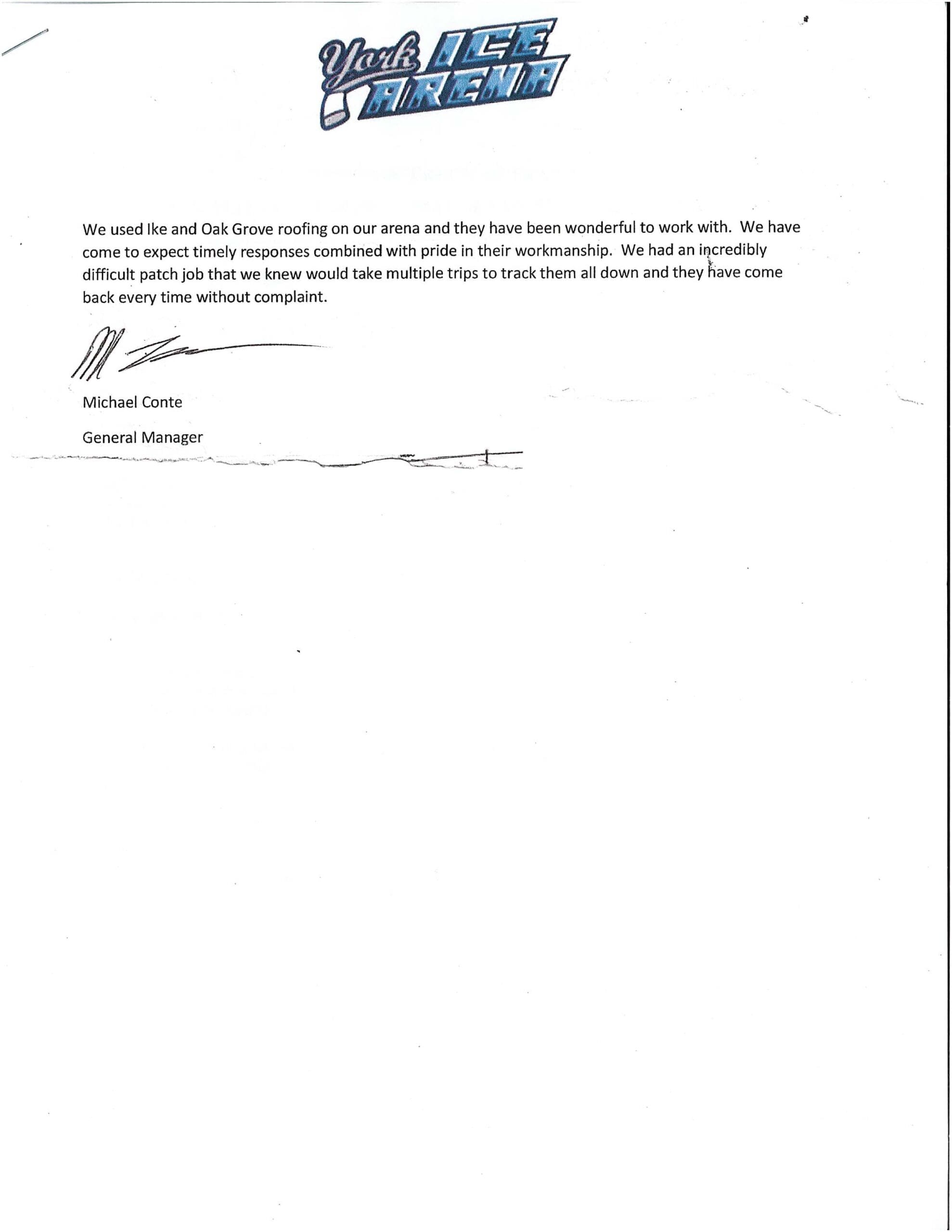 Oak Grove Roofing Review Letter York Ice Arena